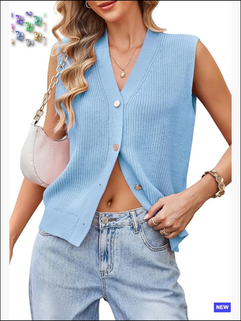 V-Neck Sleeveless Button Front Cardigan Sweater Vest Lightweight Knit Layering